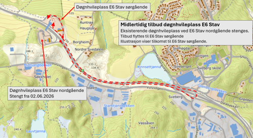 Kart som viser tilkomst til E6 Stav sørgående