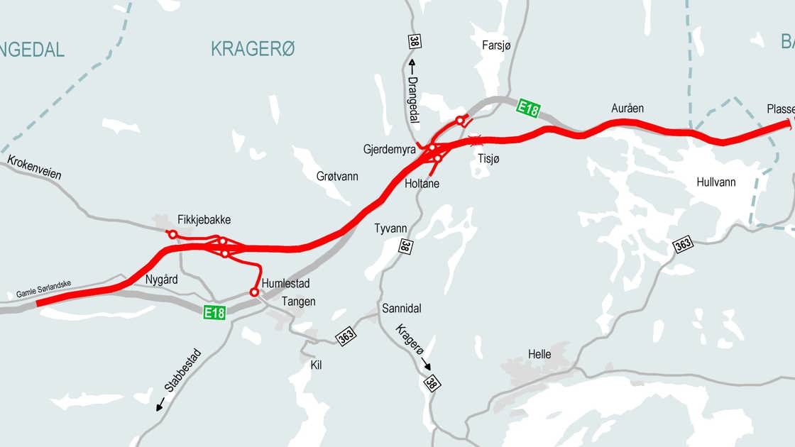 Kartillustrasjon reguleringsplan E18 Kragerø - Bamble