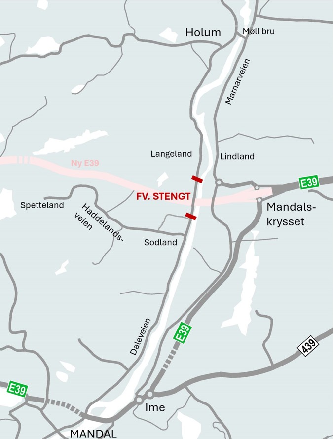 Kart som viser stengesteder for fv. 4226 Daleveien sør for Holum i Lindesnes kommune, Agder.