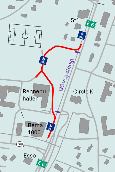 Kart - Gang- og sykkelvei mellom ST1 og REMA1000 stenges fra førstkommende mandag 23.02.2026