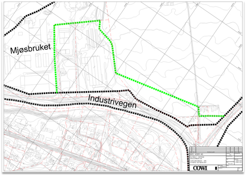 Figur 3: Industrivegen i Biri. Utvidelsen av planområdet er vist med grønn stiplet linje. Svart stiplet linje er tidligere varslet plangrense.