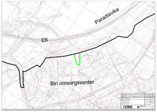 Figur 4: Disetsvingen. Utvidelsen av planområdet er vist med grønn stiplet linje. Svart stiplet linje er tidligere varslet plangrense.