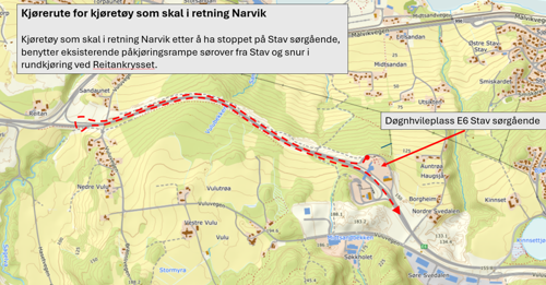 Reiserute for kjøretøy som skal videre i retning Narvik