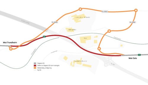 Figur 1 – Her ser du en illustrasjon av hvordan traﬁkkomleggingen av E6 til fylkesvei 2522 vil se ut. Gang og sykkelveier vil fungere som i dag.