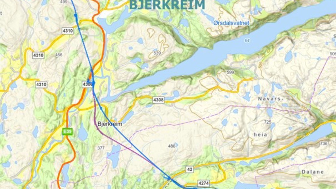 Kartet viser korridor Nye Veier foreslår utredes i planprogram for bygging av ny E39 mellom Bilstad og Bue i Rogaland.